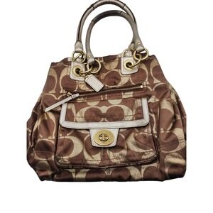Coach Satchel Purse Brown Signature Jacquard Fabric Silver‎ Hardware
